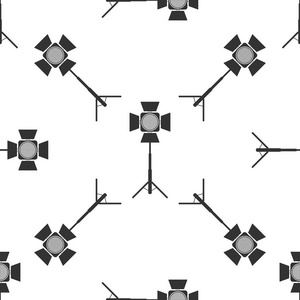 电影聚光灯图标白色背景无缝模式。轻效果。现场, 演播室, 表演。平面设计。矢量插图