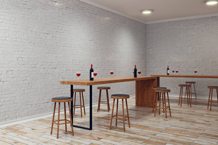 现代白色砖酒吧或酒吧内部与复制空间在墙壁上。侧面视图, 模拟, 3d 渲染