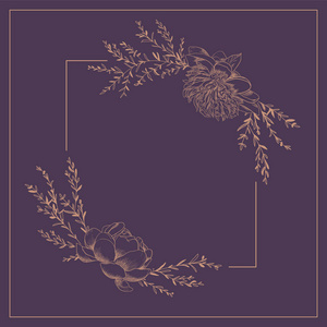 手绘叶子简约边框带花花环, 牡丹, 树枝和叶子的长方形框架照片