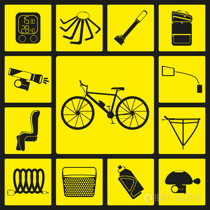 组的黑色剪影图标的自行车配件。十三个自行车图标，图表元素。矢量图。自行车设置第二个