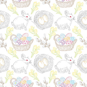 与鲜花, 兔子, 复活节彩蛋无缝模式