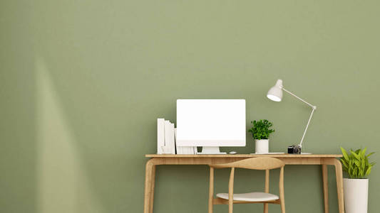 公寓或家庭中的工作场所和绿色墙壁. 艺术品的室内设计. 3d 渲染