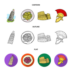 比萨塔, 意大利面食, 体育馆, 军团头盔。意大利国家集合图标在卡通, 轮廓, 平面风格矢量符号股票插画网站