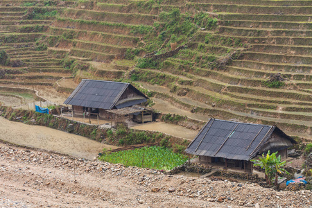 越南, 萨帕雨天梯田下的农村冬季风光与黑苗族村房