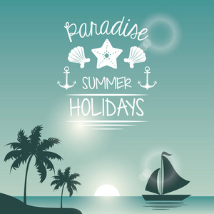 蓝色海报海滨与游艇和徽标文本天堂暑假