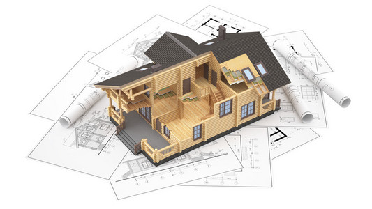 模型的背景图纸上的木屋照片