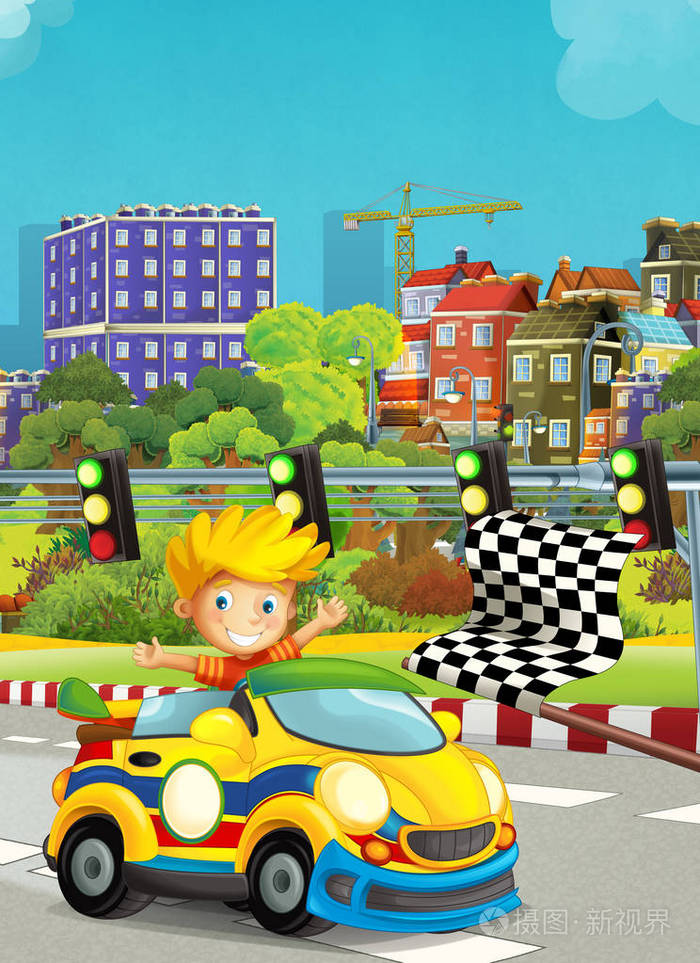卡通滑稽和快乐的前瞻儿童男孩在赛车在赛道附近的城市插图儿童