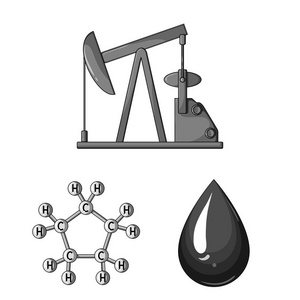 石油工业中的单色图标集的设计。设备与采油媒介符号股票网站插图
