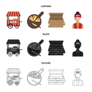 移动拖车, 切板为比萨, 箱子, 推销员。比萨和比萨店集合图标在卡通, 黑色, 轮廓风格矢量符号股票插画网站