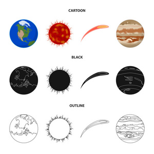 地球, 木星, 太阳系的行星。小行星陨石行星集合图标在卡通, 黑色, 轮廓风格矢量符号股票插画网站