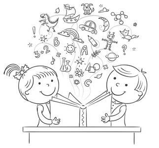 孩子们在一起读一本书照片