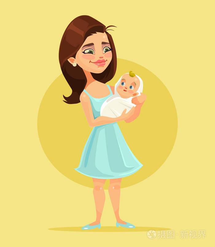妈妈的性格手上抱着小的孩子.矢量平面卡通插画