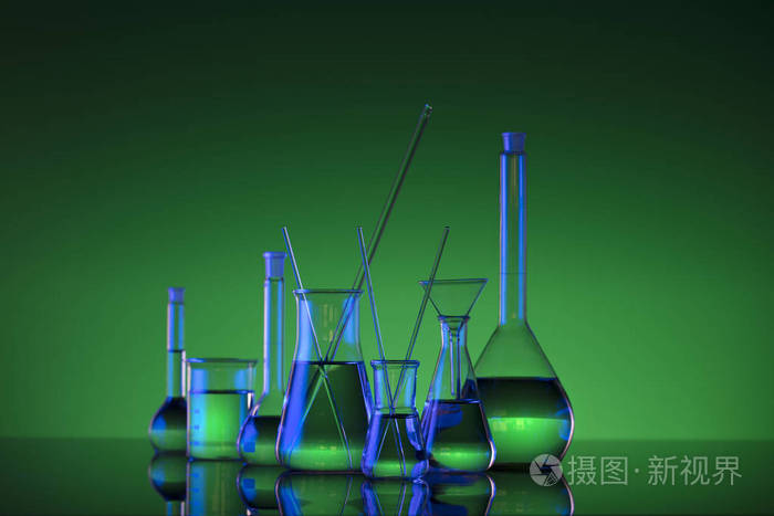 化学实验室概念.实验液体.绿色背景.徽标位置
