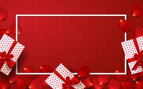 情人节的边境卡设计与红色的玫瑰花瓣。颜色矢量礼品盒，弓和丝带