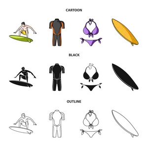 冲浪, 潜水衣, 比基尼, 冲浪板。冲浪集图标动画, 黑色, 轮廓风格矢量符号股票插画网站