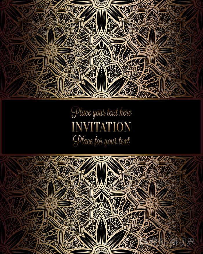 巴洛克式背景与古董 豪华黑色和金色复古框架 维多利亚时代的旗帜 绫花卉图案的壁纸 装饰 巴洛克风格的小册子 服装款式 邀请卡设插画 正版商用图片0fpcy7 摄图新视界