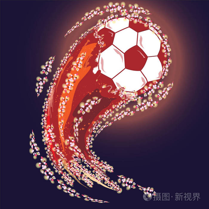 红色足球与飞溅的尾巴和亮片。矢量插图