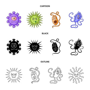 不同类型的微生物和。和细菌集合图标在卡通, 黑色, 轮廓风格矢量符号股票插画网站