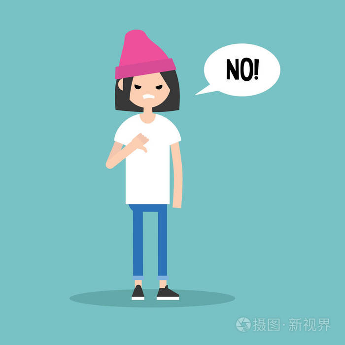 大拇指向下.不满的少女说 "不"/可编辑的扁平 v