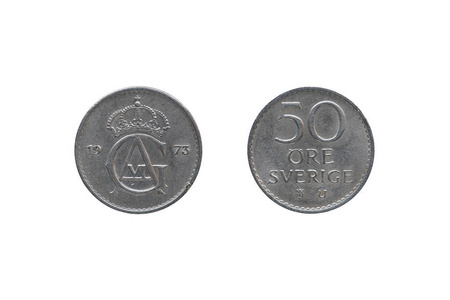 瑞典克朗硬币特写在白色背景下隔离