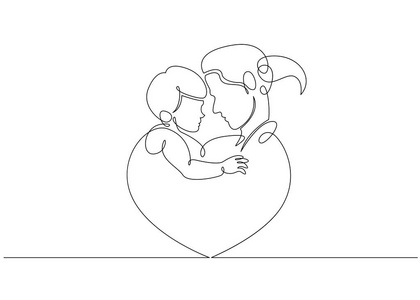 与母亲抱着婴儿的心形状的标志.连续的线条艺术矢量插图照片