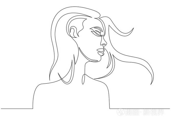 连续的线描.女人侧视图的抽象肖像.矢量图