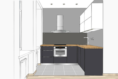 3d 渲染。现代厨房设计在公寓内部。厨房素描与装饰品和用具。招待所。室内设计