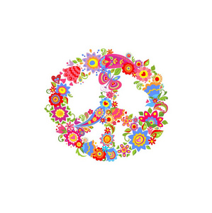 和平花象征与滑稽多彩的抽象花和佩斯利