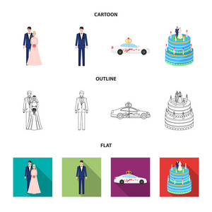 婚礼和属性卡通, 平面, 轮廓, 黑色图标在集集合为设计。新婚夫妇和附件矢量符号股票 web 插图