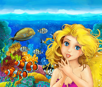 卡通珊瑚礁与美人鱼
