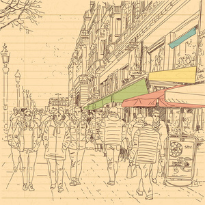 欧洲城市街道和人民在手画线剪影样式