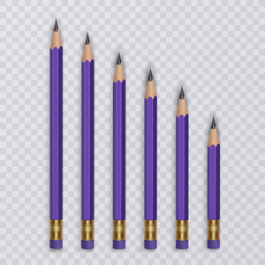 一套铅笔用橡皮擦。一套不同大小的铅笔。矢量 eps 10 插画写实风格