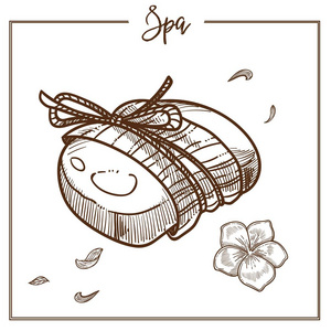 温泉肥皂与花香味包裹在绳子与弓单色素描.