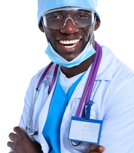 医生戴口罩及制服的画像。白色背景上孤立