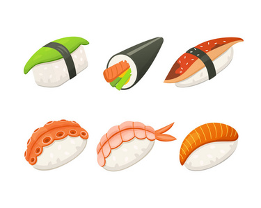 传统的日本寿司和面包卷。亚洲海鲜, 餐厅美食矢量插画