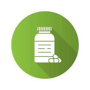 药丸剪影药丸瓶平面设计长阴影字形图标.药物.矢量剪影插图照片