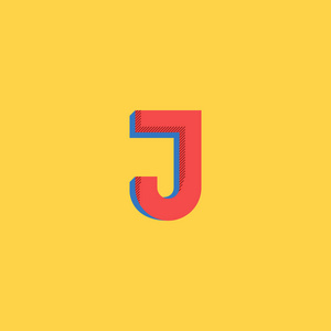 流行艺术风格标志 J 字母。半色调颜色版式印刷会徽样机。黄色背景上有蓝色阴影效果的漫画大红色初始符号