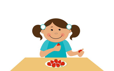 女孩在吃草莓。可爱的小女孩坐在桌子旁捧着浆果。桌子上有一盘草莓。矢量插图