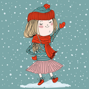 可爱的小女孩穿着温暖的冬天的衣服。卡通冬季背景