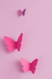 纸蝴蝶在粉红色的背景。爱和情人节的概念。顶部视图