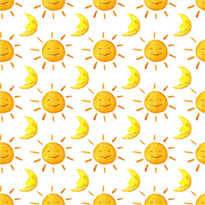 搞笑开心微笑着太阳和月亮.明亮的精美卡通图案.手绘水彩插图.