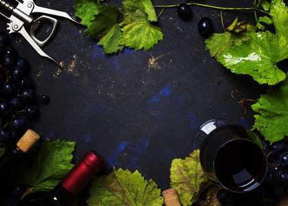 红葡萄酒在玻璃, 葡萄藤和葡萄, 黑色背景, 顶部视图