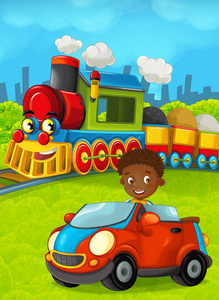动画片滑稽看蒸汽火车通过城市和孩子驾驶在玩具车在它前面例证为孩子图片