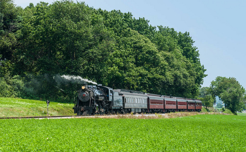 复古列车绿色森林中的蒸汽列车蒸汽机车牵引的列车货物列车铁路公路