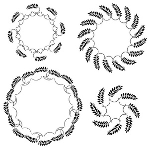 月桂树花圈纹身设置。黑色圆饰品，圆形标志在白色背景上。胜利 和平 荣耀的象征。矢量