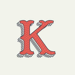 K 字母徽标。复古西方字母与线纹理