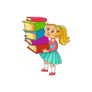 女学生与书籍卡通人物在白色背景下隔离照片