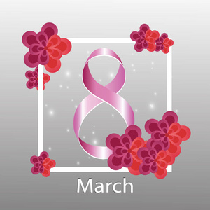 国际妇女节快乐日3月8日假期背景。在3月8日的框架和 natpis 附近的花朵