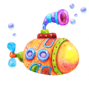 手绘漂亮水彩潜艇图标插图在白色背景下隔离照片