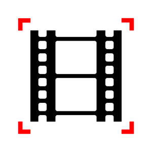 卷筒的电影标志。在焦点角落在白色背景上的黑色图标